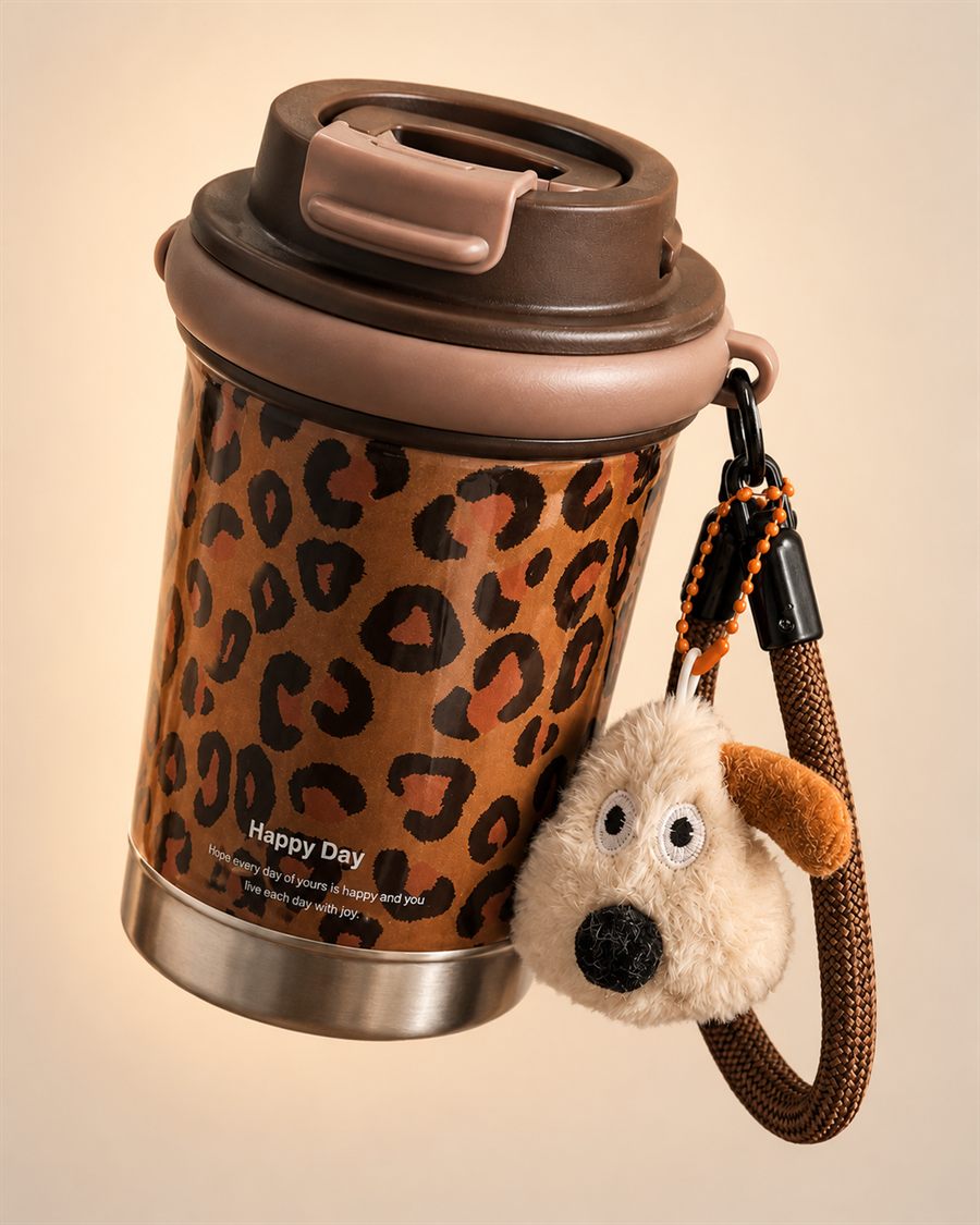 The leopard-print travel cup with a braided strap and plush dog charm