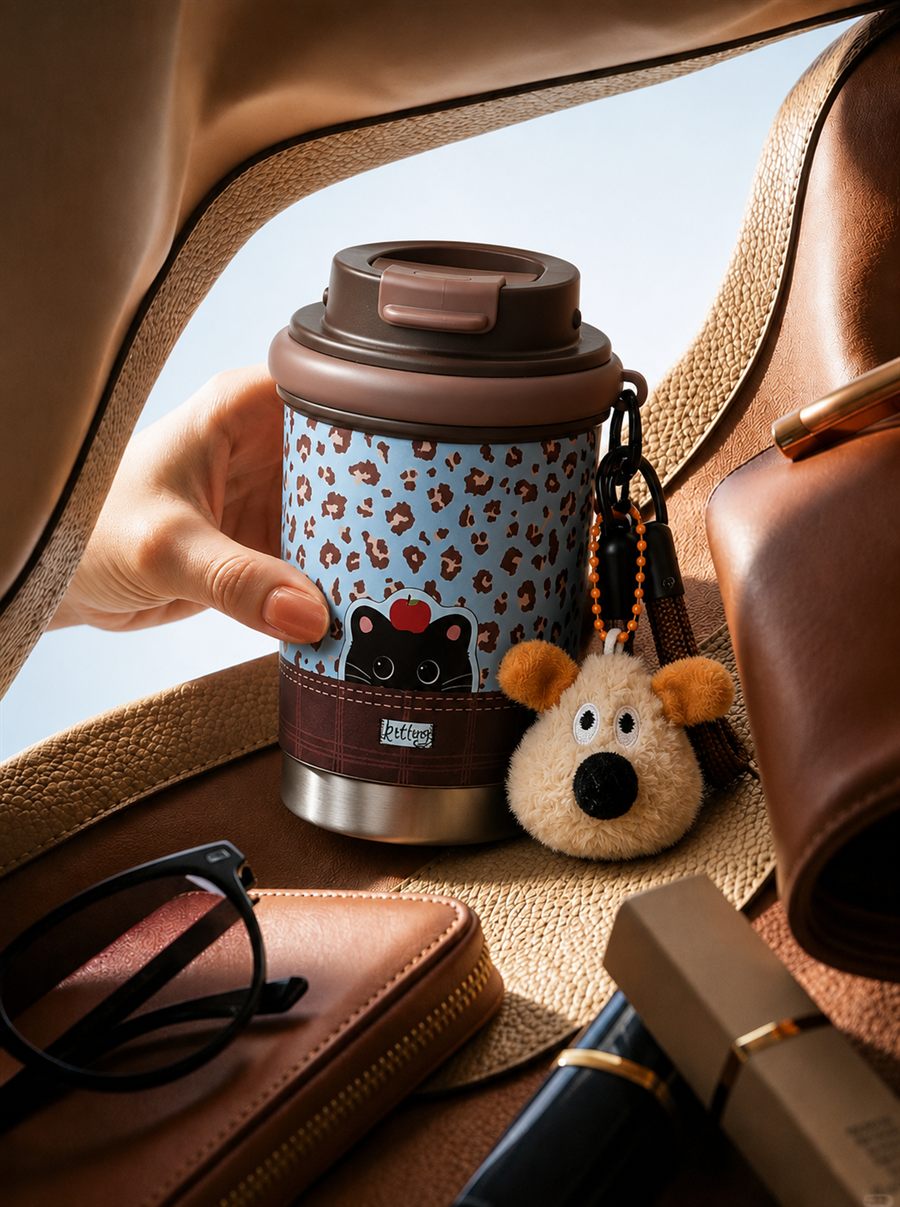 The blue leopard-print cup tucked into a bag with the plush dog charm